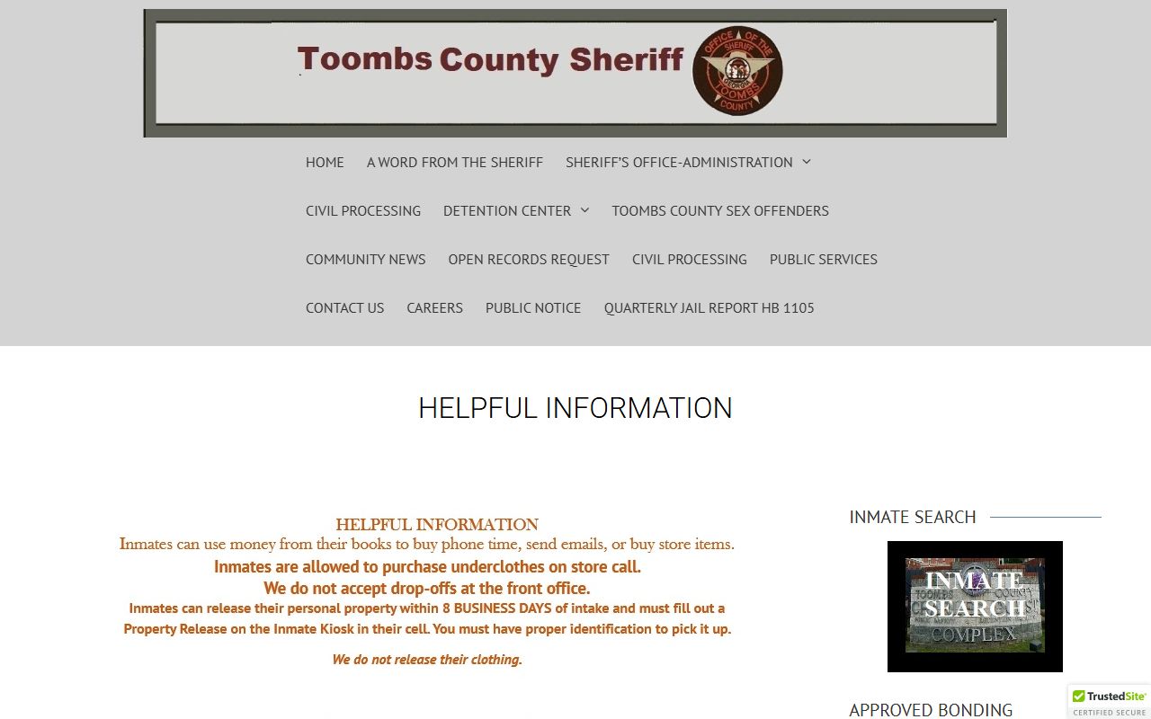 Toombs County inmate records jail visitation and helpful information page